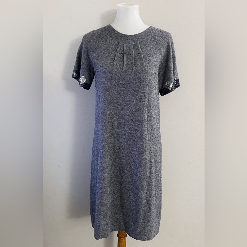 Sandro Wool Cashmere blend gray midi dress sequin sleeve casual chic holiday